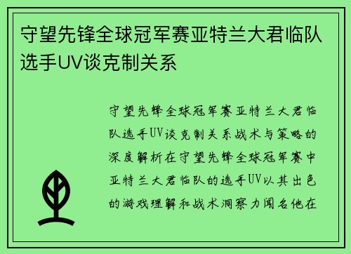 守望先锋全球冠军赛亚特兰大君临队选手UV谈克制关系