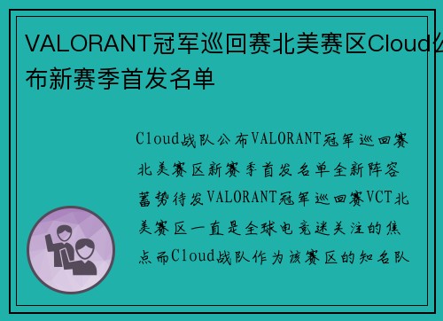 VALORANT冠军巡回赛北美赛区Cloud公布新赛季首发名单